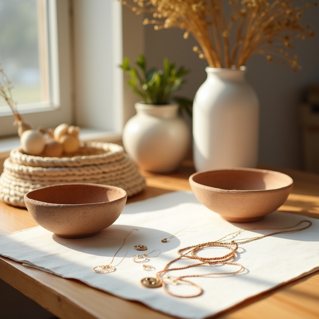 Spațiu de lucru pentru meșteșugari cu produse handmade aranjate pe fundal neutru